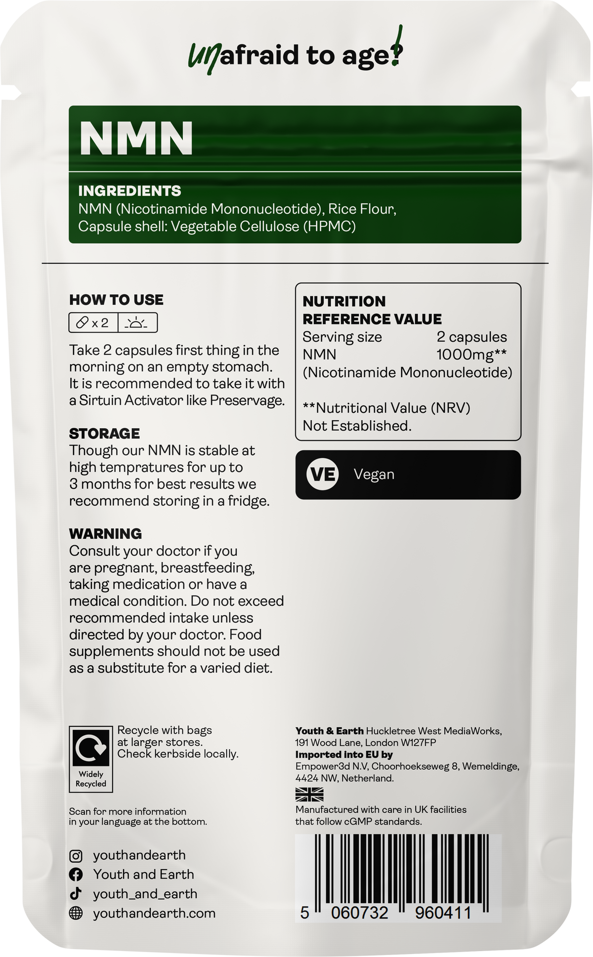 NMN (β-Nicotinamide Mononucleotide) 500mg - 60 Capsules