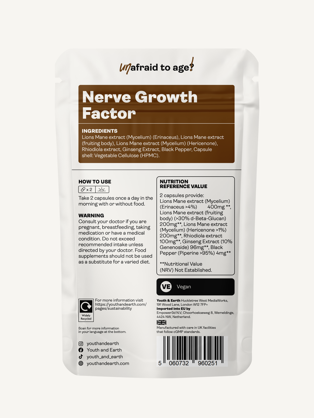 Nerve Growth Factor (Full Spectrum Lion's Mane Mushroom, Rhodiola, Ginseng, Bioperine) 60 x 500mg
