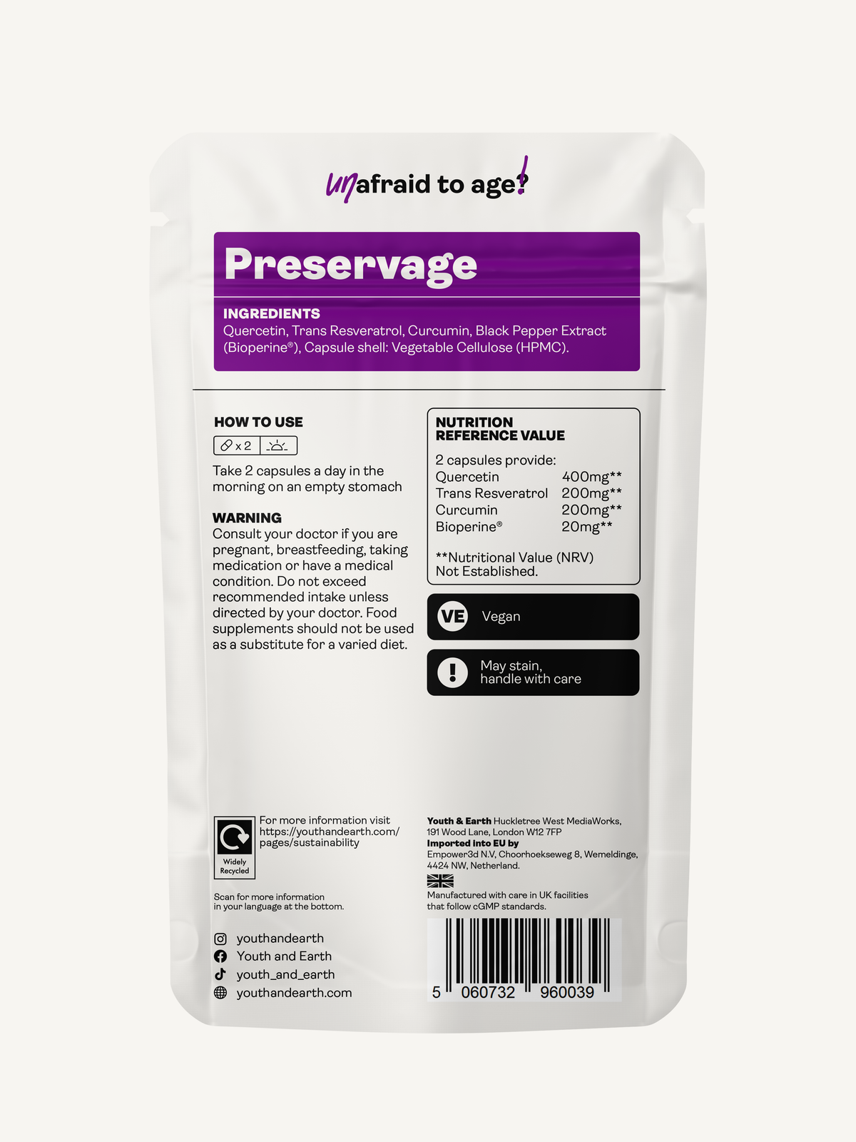 Preservage (Trans-Resveratrol, Curcumin, Quercetin, BioPerine ) 410mg 60 capsules