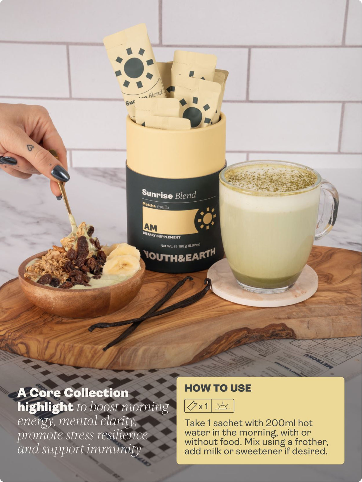 AM: Sunrise Blend, Vanilla Matcha